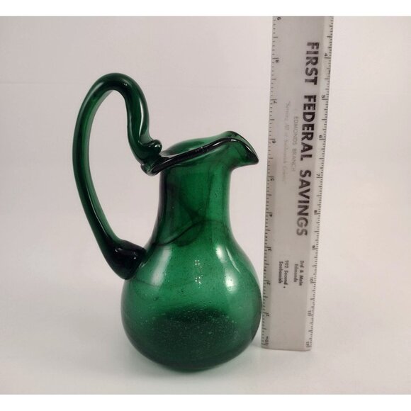 Vintage Hand-Blown Emerald Green Glass Pitcher Vase Jug Curved Handle SIGNED - Picture 11 of 11